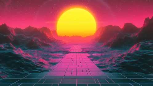 Neon sun ignites a retrofuturistic cyber valley horizon.