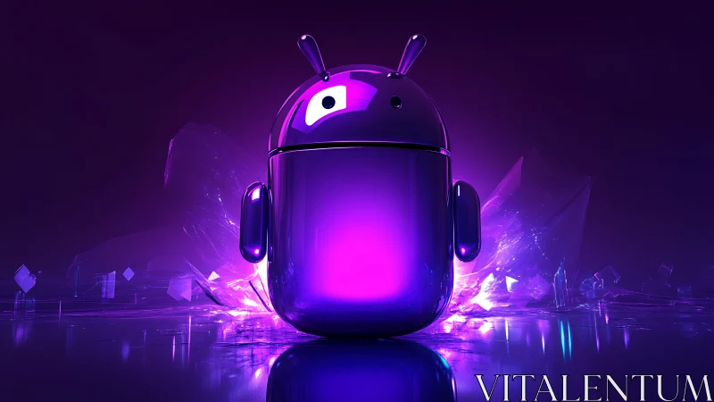 Purple glossy android mascot in abstract neon space.