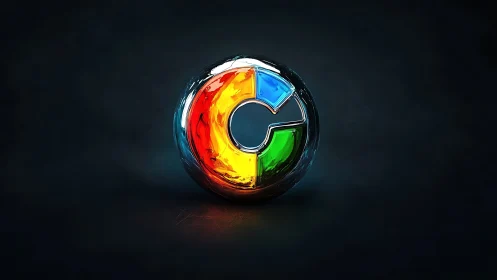 Chromed circular logo glows with vivid primary colors.