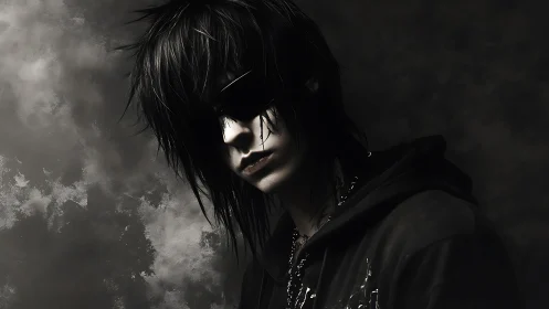 Dark-clad figure with long hair is shown in side-lit portrait