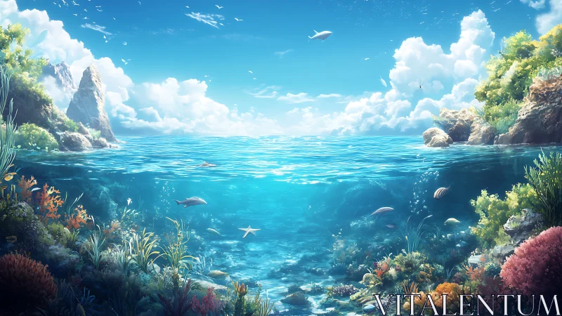 Colorful tropical seascape split view of reef and sky.