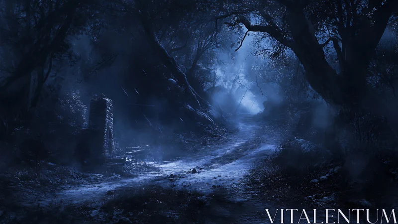 Moonlit forest path winds past ruined stone pillar