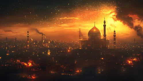 Emberlit desert citadel crowned by a blazing golden dusk.