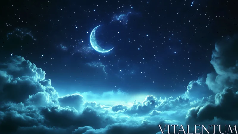 Crescent moon over luminous clouds in deep night sky.