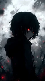 Dark-clad figure stands in backlit mist with glowing eyes