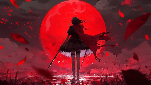 Anime silhouette under crimson supermoon with dynamic cape motion.