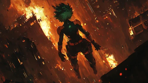 Lone cyberpunk hero descends through a burning neon cityscape