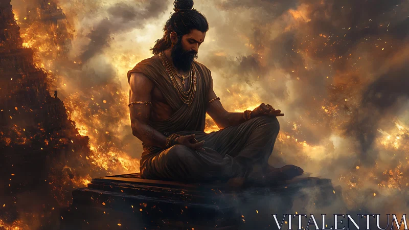 Firelit sage in deep meditation above burning cityscape.