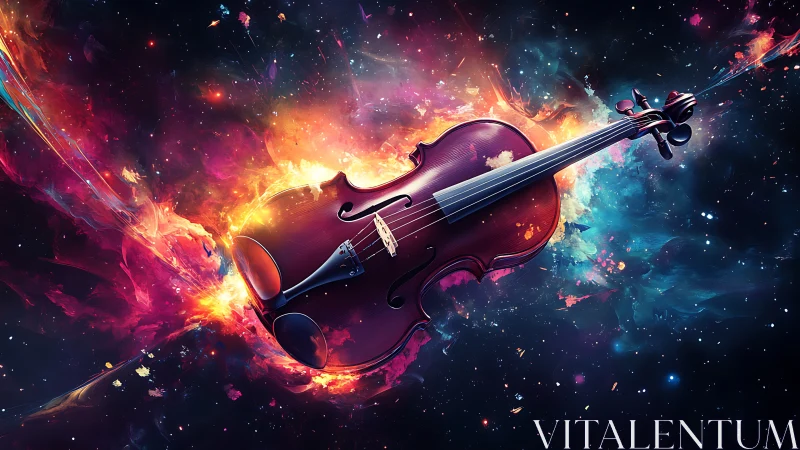 Starlit violin sails through a nebula of blazing color