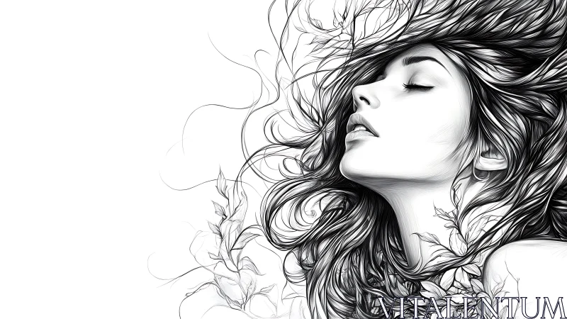 Monochrome line-art portrait with flowing botanical hair integration