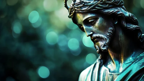 Quiet bronze figure in teal light, bowed in tender thought.