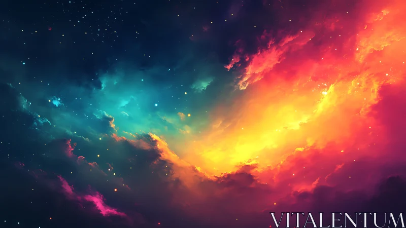 Colorful cosmic nebula with stars in a deep night sky.