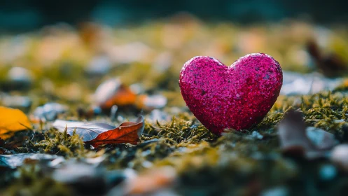 Crimson Glitter Heart on Moss Ground: Macro Depth Study.