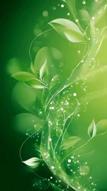 Abstract green foliage with flowing light trails on gradient.