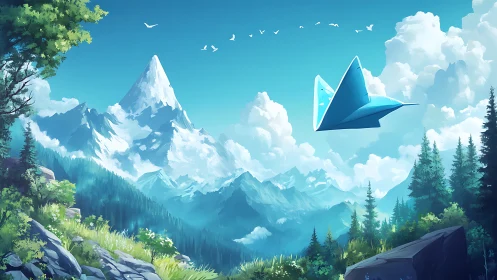 Futuristic blue aircraft glides above bright alpine valley.