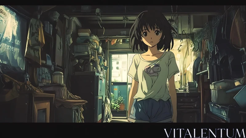 Young woman stands in cluttered interior with backlit doorway