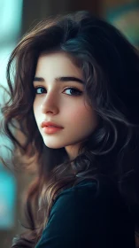Digital portrait of young woman with long wavy hair indoors.