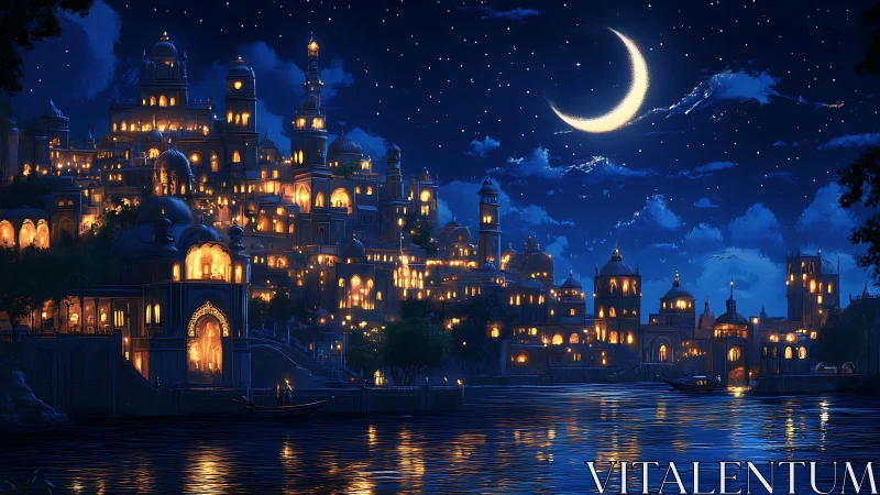 Luminous riverside city beneath a crescent moonlit sky.