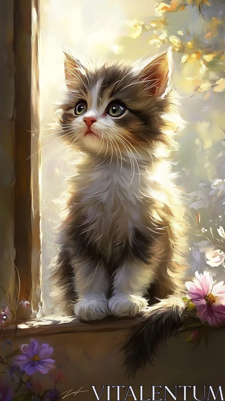 Fluffy Kitten in Golden Sunlit Window.