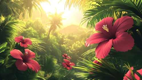 Red hibiscus blooms beneath golden sunlight in a tropical paradise