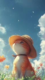 Illustrated cat gazing upward in vibrant meadow landscape.