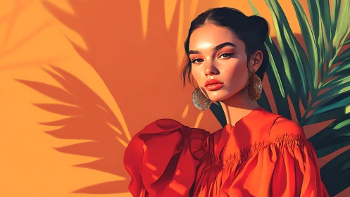 Sunlit portrait contrasts bold fashion with tropical shadows.