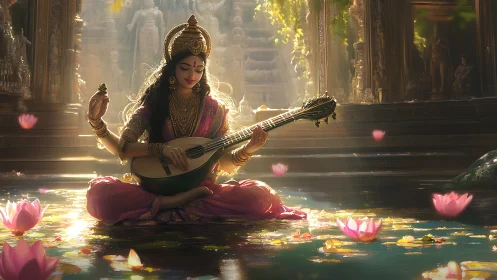 Lotus-lit goddess strums rivers of light in golden sanctuary.