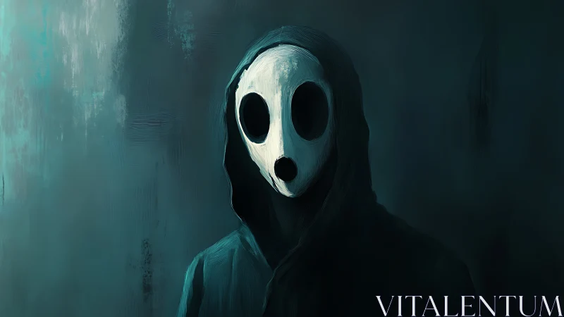 Hooded phantom in teal shadows holds a quiet, eerie gaze.