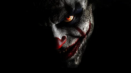 Photorealistic half-lit killer clown portrait in deep chiaroscuro.