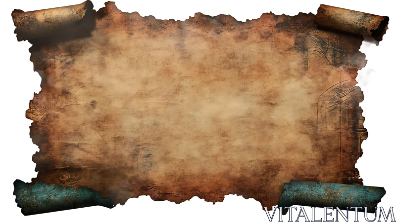 Vintage burnt parchment scroll with empty textured center.