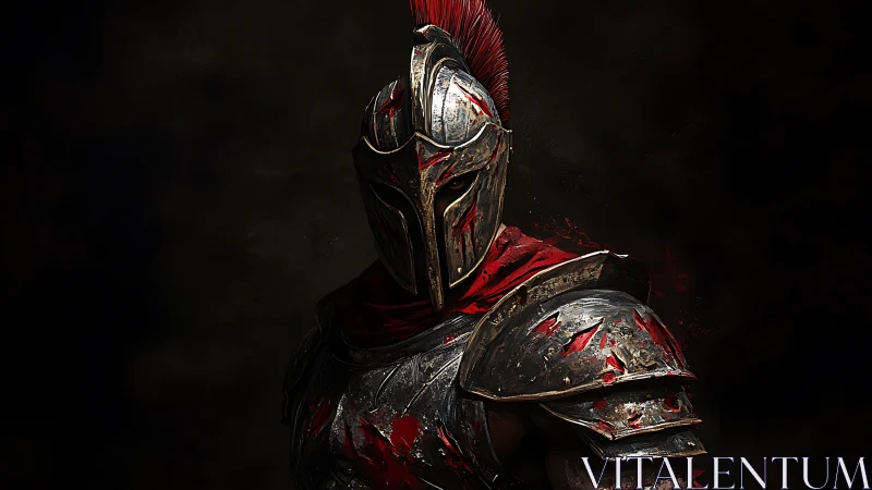 Digital painting of battle-scarred crimson knight armor profile.