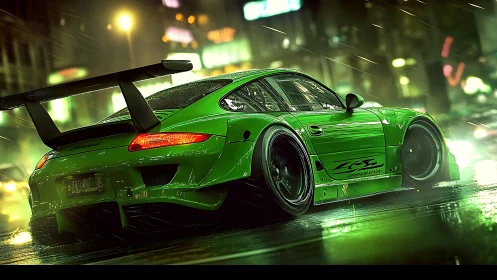 Neon storm racer sliding through rainlit midnight streets.