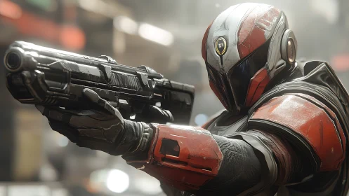 Armored sci fi guardian taking careful aim in neon haze.