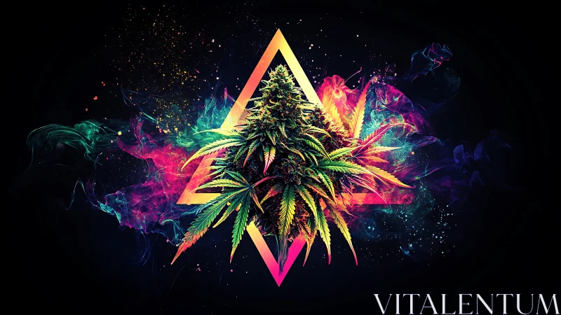 Neon cannabis bud explodes through glowing prism triangle.
