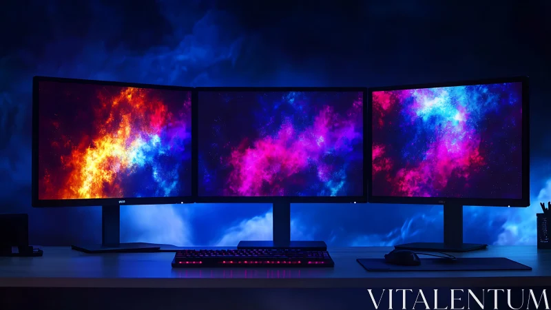 Triple monitor galaxy desk that turns work into stargazing.