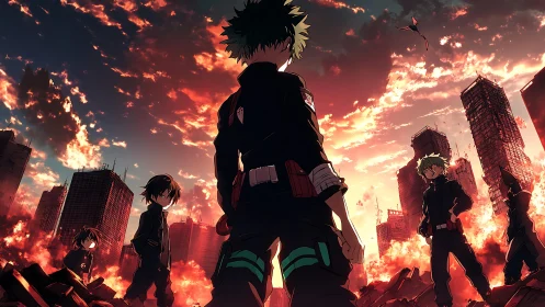 Anime heroes stand against burning post-apocalyptic cityscape.