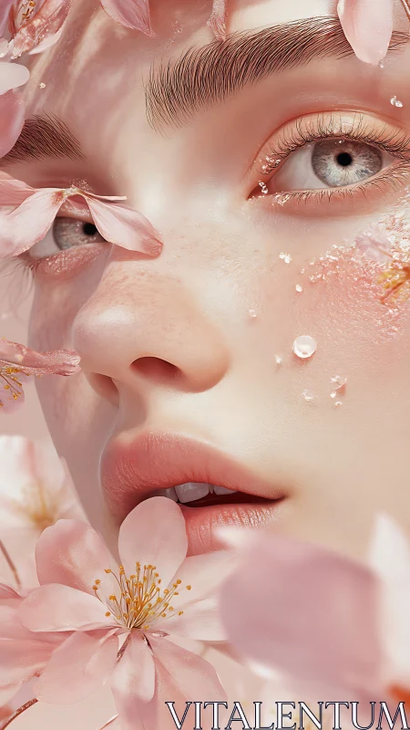 Close-up stylized female face with pink blossoms and droplets.