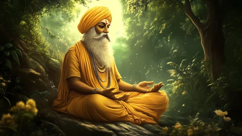 Elderly sage in saffron robes meditates within luminous forest