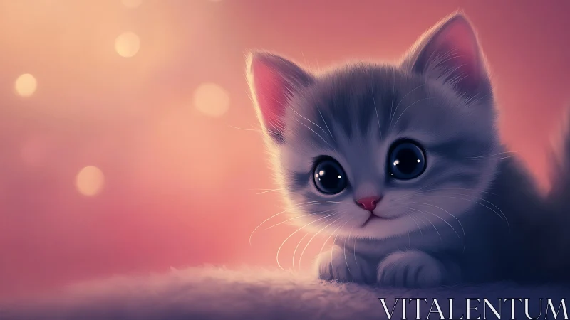 White Kitten with Blue Eyes in Pink Sunset.