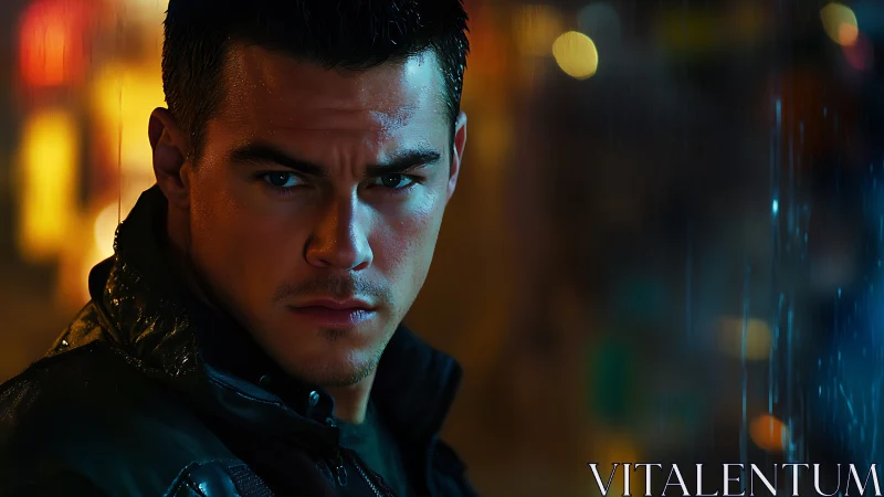 Man stands in rainy night city, lit by colorful bokeh