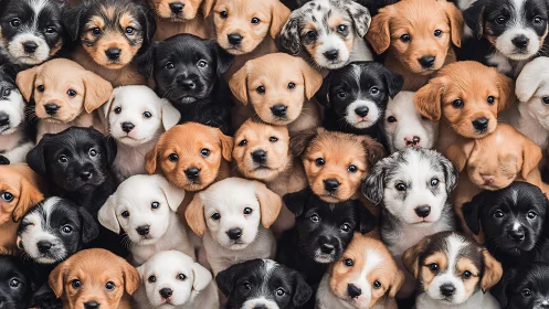 Puppy faces cluster fill frame in soft diffused studio light.