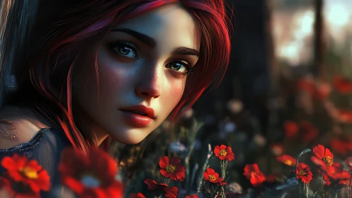 Forest girl among scarlet blooms in warm twilight glow.