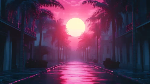 Neon-lit palm street with large setting sun over wet road.