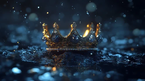 Golden crown rests on wet ground under cold blue light