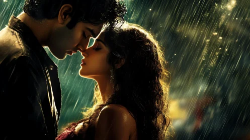 Couple in rain with atmospheric golden lighting effect.