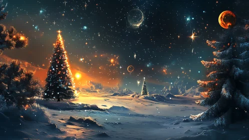 Snowy night landscape with lit trees and glowing sky.