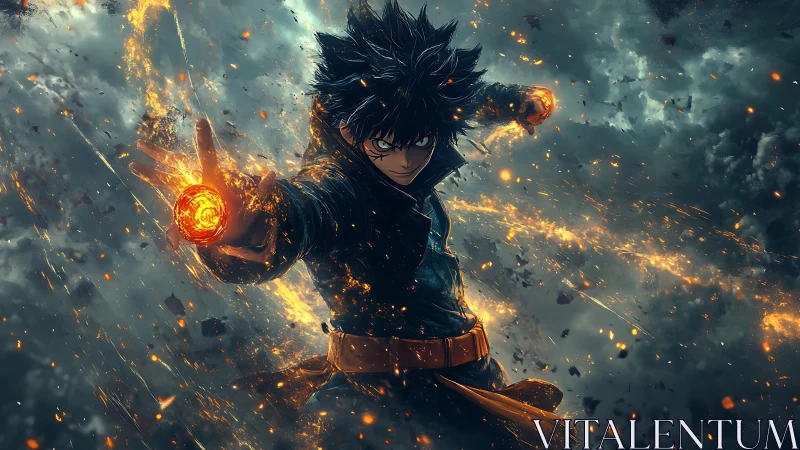 Storm-eyed firecaster hurls molten power through dusk skies.