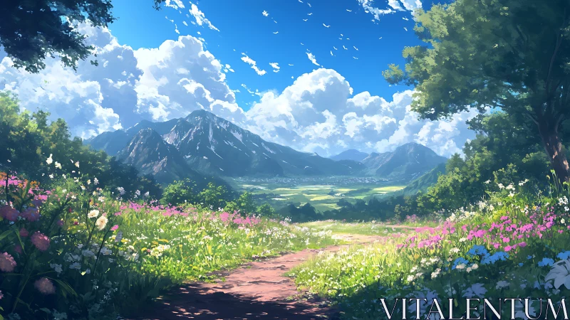 Sunlit mountain path opens onto a bright, flower filled valley