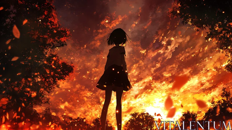 Anime silhouette at emberswept sunset sky composition.