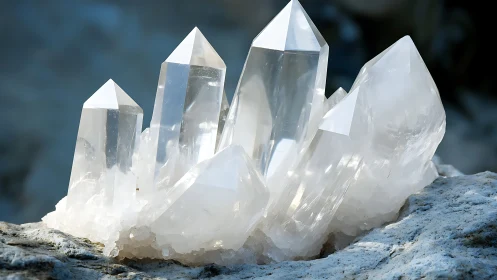 Sunlit clear quartz cluster on textured stone base.
